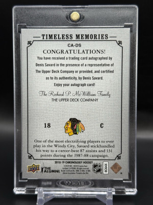 2018-19 UD Chronology Denis Savard Timeless Memories Auto Blue Canvas back