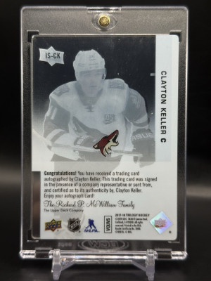 2017-18 Trilogy Clayton Keller Ice Scripts Plexi Rookie Auto #IS-CK Coyotes RC back