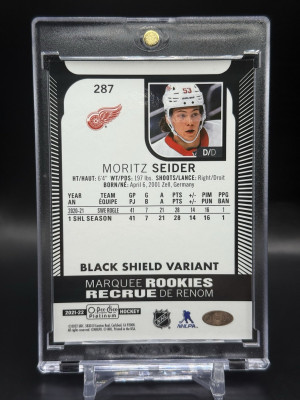 2021-22 O-Pee-Chee Platinum Moritz Seider Black Shield Variant Rookie RC #287 back