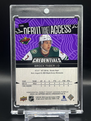2023-24 Credentials Brock Faber Debut Ticket Access Purple Rookie /10 RC #156 SP back