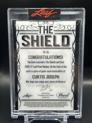 2020-21 Leaf Pearl Curtis Joseph The Shield 1/1 Game Used One Of One #TS-15 back