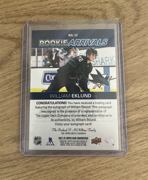 2021-22 UD Credentials Rookie Arrivals William Eklund Auto back