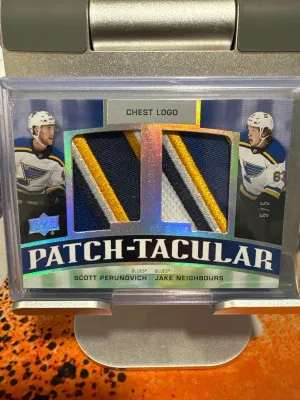 2021-22 Upper Deck Premier Dual Rookie Patch-Tacular Jake Neighbours / Scott Perunovich /5 front