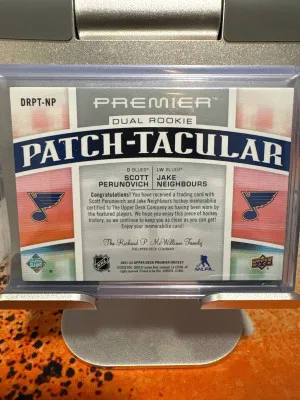 2021-22 Upper Deck Premier Dual Rookie Patch-Tacular Jake Neighbours / Scott Perunovich /5 back