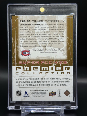 2016-17 UD Premier Mikhail Sergachev Super Rookie Patch Auto Gold /15 RPA back