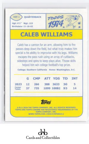 2024 Topps Chrome #74TF-1 Caleb Williams 1974 Topps Football Pink Refractor back