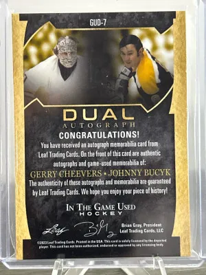 2023 Leaf Gerry Cheevers / Johnny Bucyk Game Used Stick/Jersey Auto /20 back