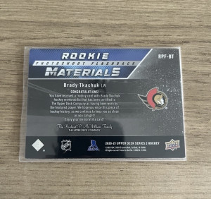 2020-21 UD Rookie Materials Jersey Brady Tkachuk back