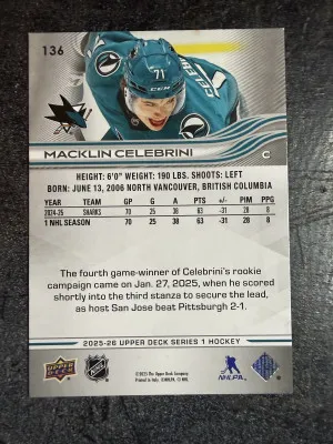 2025-26 Upper Deck Exclusives Macklin Celebrini back
