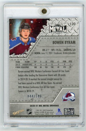 2020-21 Metal Universe #120 Bowen Byram Rookie Precious Metal Gems Red 44/100 back
