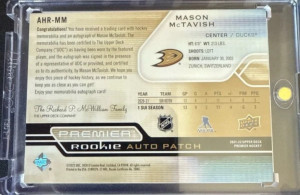 2021-22 Upper Deck Premier - Horizontal Acetate Rookie Auto Patch Mason McTavish back