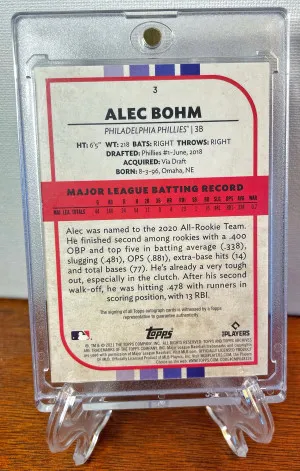 2021 Topps Archives Snapshots ALEC BOHM Rookie On-Card AUTO Phillies RC #3 back