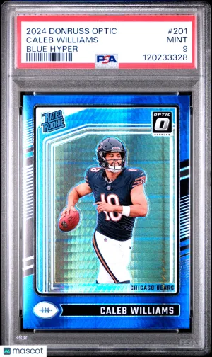 2024 Panini Donruss Optic Caleb Williams #201 Blue Hyper Rated Rookie PSA 9 front