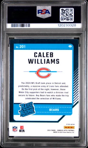 2024 Panini Donruss Optic Caleb Williams #201 Blue Hyper Rated Rookie PSA 9 back
