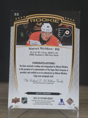 2024-25 Upper Deck Stature Matvei Michkov ORANGE Auto 10/50 #32 RC back