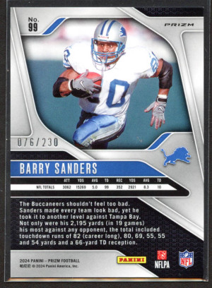 2024 Panini Prizm Barry Sanders Blue Wave Refractor 076/230 Lions back