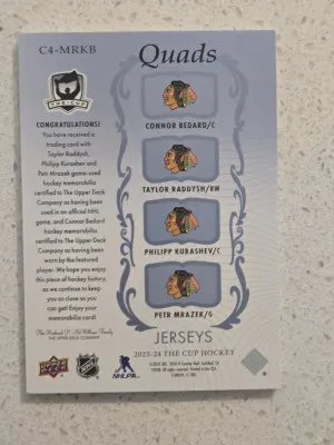2023-24 The Cup Blackhawks Quads Jerseys /25 Bedard Rookie RC back