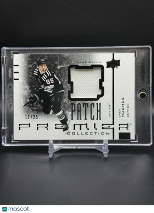 2021-22 UD Premier Jack Hughes Game Patch Black /25 #AJ-HU front