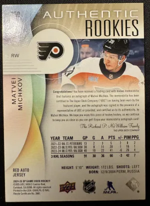 2023-24 SP Game Used Matvei Michkov Authentic Rookies Patch Auto /99 back