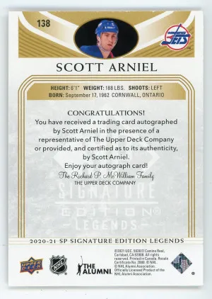 2020-21 SP Signature Legends #138 Scott Arniel Autograph back
