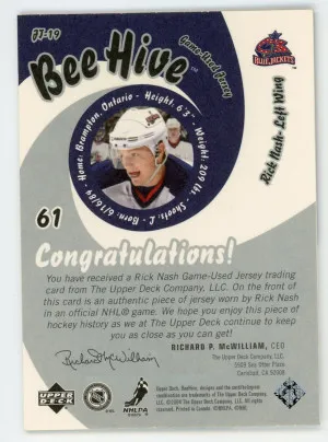 2003-04 Upper Deck Rick Nash Beehive Jersey back
