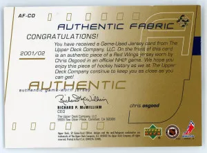 2001-02 SP Game Used #AF-CO Chris Osgood Authentic Fabric Gold /300 back