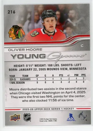 2025-26 Upper Deck #216 Oliver Moore Young Guns back