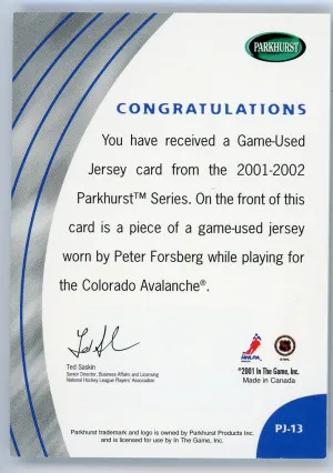 2001-02 Parkhurst #PJ-13 Peter Forsberg Jersey 1 of 60 back