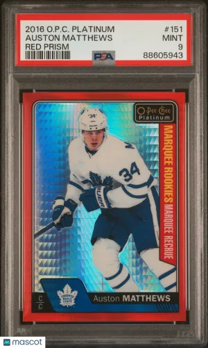 2016-17 O-Pee-Chee Platinum Auston Matthews #151 Red Prism Rookie /199 PSA 9 front