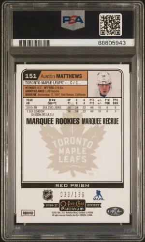 2016-17 O-Pee-Chee Platinum Auston Matthews #151 Red Prism Rookie /199 PSA 9 back
