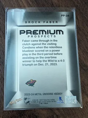 Brock Faber Premium Prospects Rookie 2023-24 Metal Universe  back