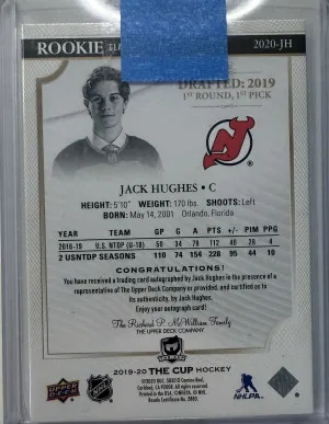 Jack Hughes The Cup Rookie Auto Rookie Class Of 2020 /75 back