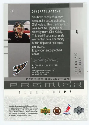 2001-02 UD Premier Olaf Kolzig Premier Signatures back