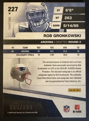 2010 Absolute Rookie Premier Materials Rob Gronkowski Auto Relics #285/299 back