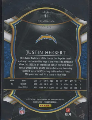2020 Panini Select Football Justin Herbert #44 Maroon Die Cut RC back