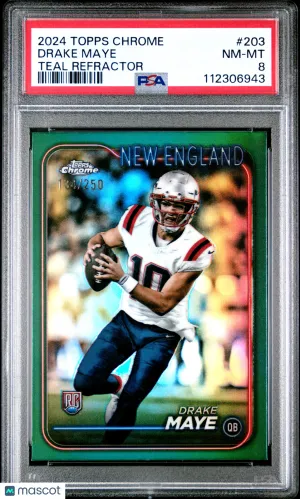 2024 Topps Chrome Drake Maye #203 Teal Refractor 134/250 PSA 8 front