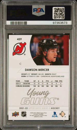 Dawson Mercer 2021-22 Upper Deck Series 1 #459 Young Guns Rookie PSA 10 back