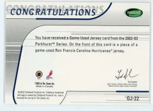 2002-03 Parkhurst #GJ22 Ron Francis Game Jersey 1 of 90 back