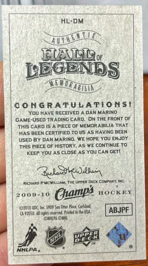 2009-10 Upper Deck Champ's DAN MARINO Hall Of Legends Jersey Patch Mini #HL-DM back