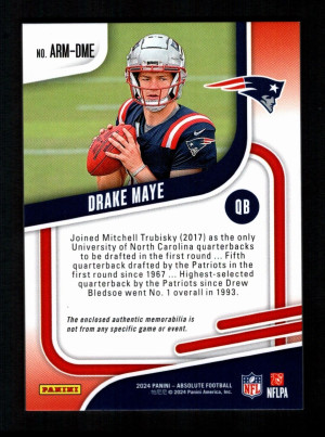 Drake Maye 2024 Panini Absolute #ARM-DME Rookie Materials RC Patriots back