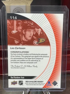 2023-24 Upper Deck Allure Leo Carlsson Rookie Red Rainbow Auto Autograph SP RC back