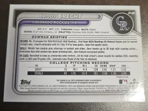2024 Bowman 1st Chrome Draft #CPA-BBR Brody Brecht RC Auto Signed Card Rockies back