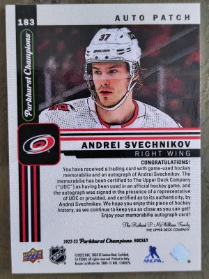 22-23 Parkhurst Champions Andrei Svechnikov #183 Patch Auto back