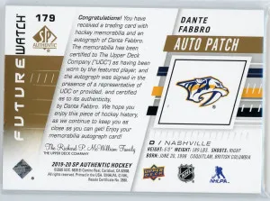 2019-20 SP Authentic Dante Fabbro Future Watch Rookie Patch Auto /100 back