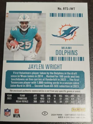2024 Panini Contenders Rookie Ticket Jaylen Wright Patch #RTS-JWT back