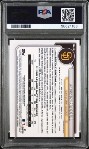 2024 Bowman Chrome Chrome Rookie Autographs Jackson Merrill Rookie Auto-Orange Ref PSA 10 back