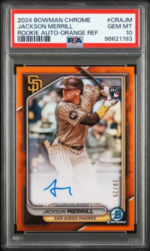 2024 Bowman Chrome Chrome Rookie Autographs Jackson Merrill Rookie Auto-Orange Ref PSA 10 front