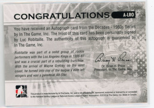 2010-11 ITG Decades #A-LRO Luc Robitaille Autograph back