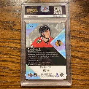 Frank Nazar 2024-25 UD Allure Blue Line Mosaic Rookie Auto /35 PSA 9 Blackhawks back