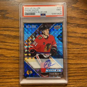 Frank Nazar 2024-25 UD Allure Blue Line Mosaic Rookie Auto /35 PSA 9 Blackhawks front